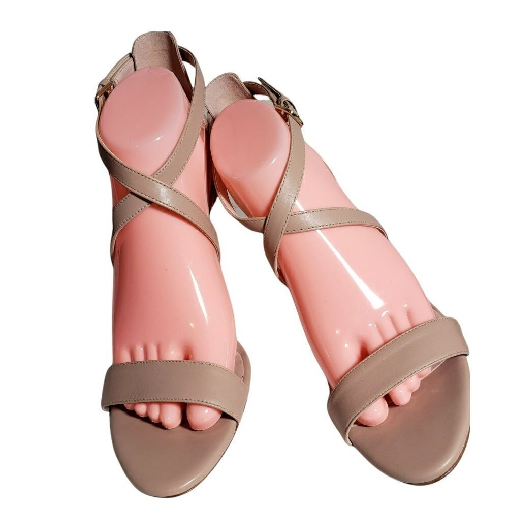 Nine West Taupe Leather Open Toe Strappy Buckle High Heels Sandals Size 9.5 M
